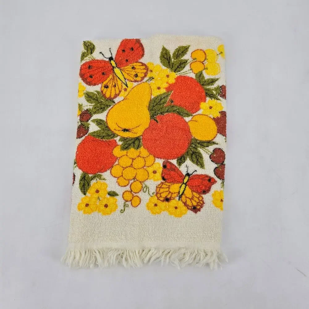 Vintage Fruit & Butterfly Hand Towel 70s Harvest Kitsch Floral Cottagecore Retro